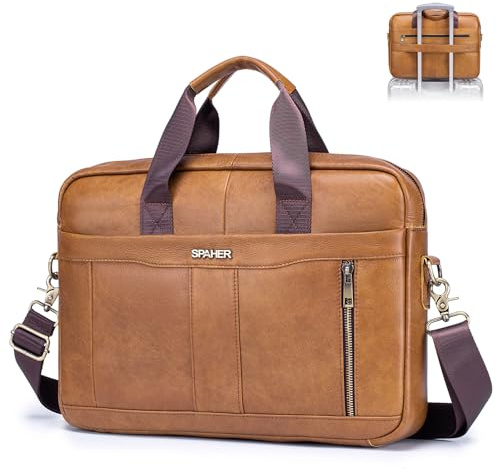 SPAHER Leder Laptoptasche 14 Zoll Aktentasche Herren Business Notebook Tasche mit Laptopfach Arbeitstasche Schultertasche Handtasche Umhängetasche Herren Messenger Laptop Bag