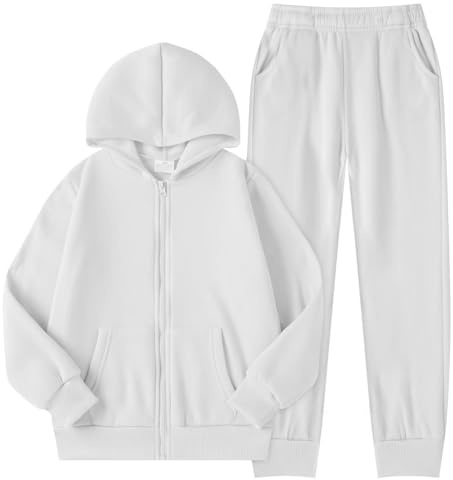 QTWW INC Girls Boys 2 Piece Tracksuit Athletic Sweatsuits Sets Zipper Hooded Sweatshirt and Jogger Sweatpants Clothing Sets for Kids,White,10Y-140