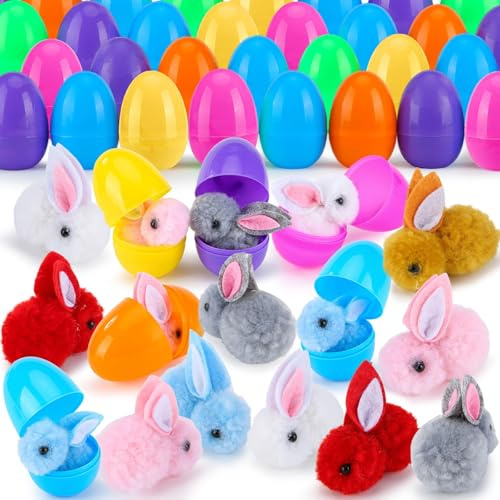 Labrostar 24Pack Easter Eggs Fillers with Easter Bunny Plush Inside Prefilled Easter Eggs for Easter Eggs Hunt Easter Bunny Mini Stuffed Animal for Easter Basket Stuffers Classroom Prize Supplies