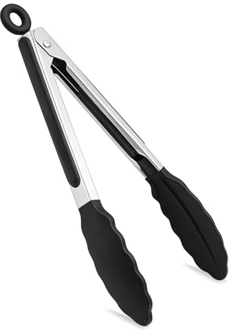 ROEOWENE kökstång silikon 23 cm värmebeständig koktång rostfritt stål svart grilltång med värmebeständigt silikonhandtag kötttång pastatång kök för matlagning och grillning
