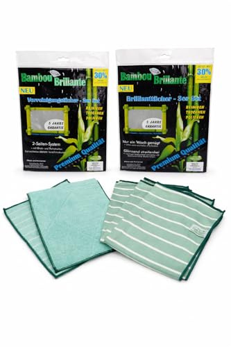 Fuchsglanz Bambou - Set di 5 panni in bambù brillanti, con fibre di bambù, 3 panni brillanti + 2 panni pre-pulizia, panni in microfibra senza strisce per finestre, cucina e bagno