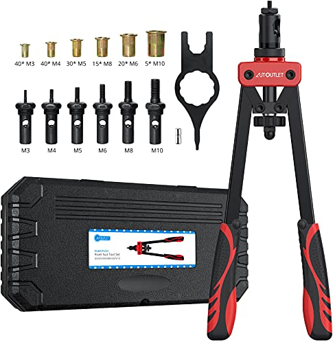 AUTOUTLET Nietmutternzange Set, 14 Profi Nietzangen Nietmutterzange mit 6 Austauschbare Dorne M3 M4 M5 M6 M8 M10 und 150PCS Nietmuttern, Gewindenietzange Nietmaschine Nietmutter Zange Werkzeug(Rot)