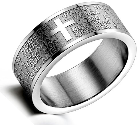 Flongo - Anillo para hombre de acero inoxidable - Color plata - Modelo del anillo con oración del Padre Nuestro y cruz bíblica plateado