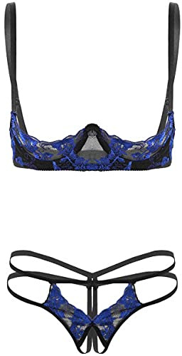 MSemis Babydoll in Pizzo Donna Lingerie Sexy Hot per Sesso Aperto Reggiseno Completi Intimi Biancheria Intima Bra Bikini Erotico Camicia da Notte Perizoma T-Back Blu A Taglia Unica