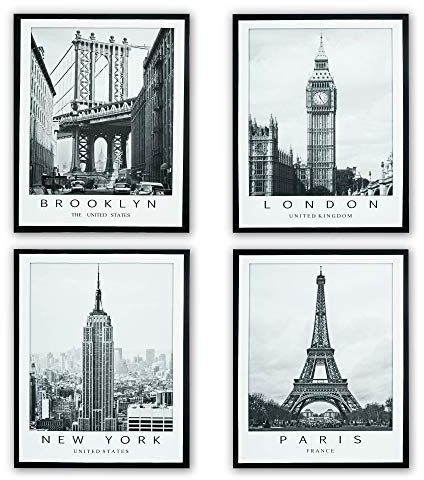 moorg Set da 4 Quadri su Tela con Struttura Interna in Legno 40x50 cm, Quadro New York, London, Paris e Brooklyn, Stampa su Tela Canvas (City)