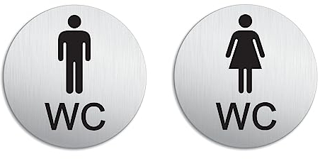 Targhetta per Porta - Toilette WC Donna Uomo Set di 2 Targa Ø 100 mm Alluminio spazzolato auto-adhesiva