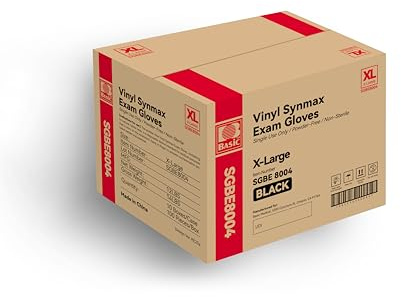 Basic Vinyl Exam Gloves, 4 mil Safty Latex- & Powder-Free, SGBE 8004 Synmax Disposable Medical Glove X-Large, Black (Pack of 10,1000 units)
