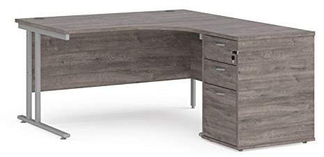 Mr Office Maestro 25 right hand ergonomic desk with silver cantilever frame and desk high pedestal bundle, Grey oak, 1400