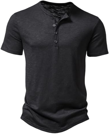 Henley T Shirt Mens Casual Summer Muscle Fit Grandad Collar Shirts | Long / Short Sleeve Basic Tshirt with Button Placket, Moisture Wicking T-shirt, Slim Fitted Smart Collarless Polo Tops