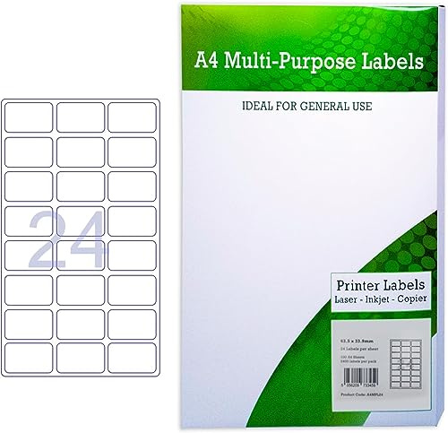 Thomas Stoners A4 Self Adhesive Address Labels 24 Labels per Sheet – 100 Sheets (63.5mm x 33.9) – Personalised White Return Postage, Mailing & Name Stickers – Printed Address Labels for parcels