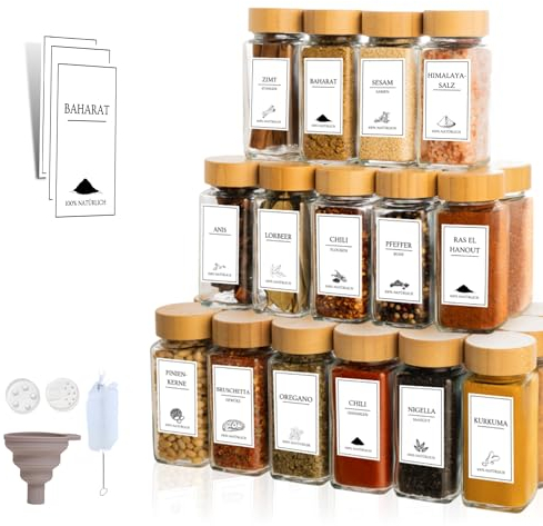 comforder Set di barattoli per spezie (25 pezzi), organizer per spezie con spargispezie con etichette + imbuto, barattoli per spezie rettangolari con coperchio, 120 ml (bambù)