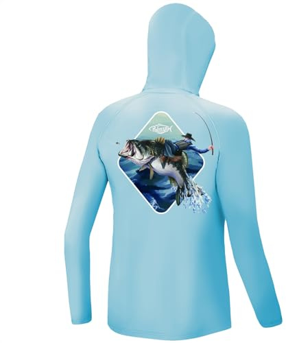 Palmyth Boys Fishing Shirt Youth Hoodie UPF 50+ Sun Protection Long Sleeve, Ice Blue/ Cowboy Master, S