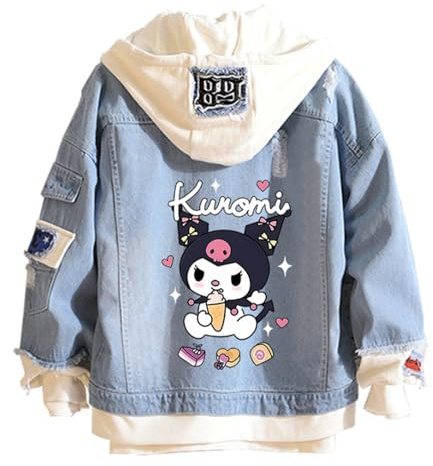WANHONGYUE Anime Kuromi Giacca in Jeans con Cappuccio Trucker Denim Jacket Giubbotto Jeans con Bottoni Primavera Autunno Felpa Cappotto per Donna Ragazze, Blu-1, M