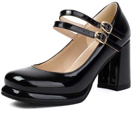 Asterisco Mujer Tacón Ancho Mary Jane con Plataforma Lazos Tacón Alto Zapatos Punta Rojoonda Hebilla Elegante Zapatos, R38815Sn Negro Talla 36.5 EU/37Cn