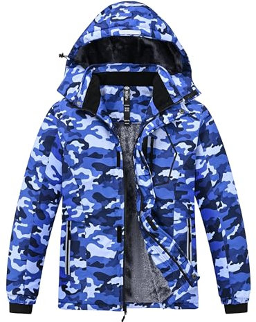 MoFiz Winterjacke Jungen Skijacke Warm Innenfutter Kinder Outdoor Softshelljacken Schneejacke mit Abnehmbare Kapuze X-CD Camouflage Blau, L (DE152-164)