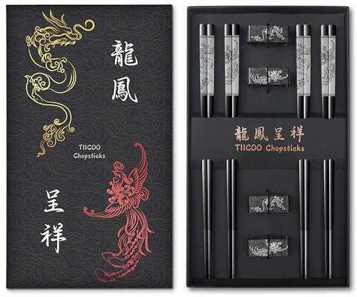 Bacchette in Metallo Riutilizzabili in Acciaio Inossidabile 18/8 Bacchette Cinese Drago e Phoenix Bacchette con Supporto Cinese Tradizionale Elegante Regalo Set (4 Paia) ﻿ (Nero)
