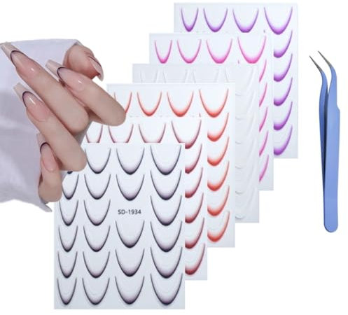 6 Fogli Stickers Unghie Nail Art French,Adesivi Per Unghie Sfumati French Manicure, Stickers Unghie Autoadesivi con Pinzette (6 Fogli stickers unghie nail art french)
