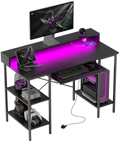 HOMCOM Computer Desk with LED Lights and Power Outlets, 120 x 55 cm Gaming Desk with Monitor Stand, Sliding Keyboard Tray and Storage Shelves for Home Office, Black