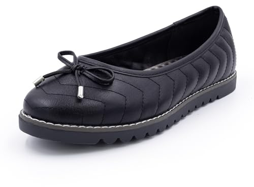 Cushion Walk Women's EEE Extra Wide Faux Leather Ballet Flats Shoes, Chunky Sole, Chevron Stitching, UK Size 4, Black