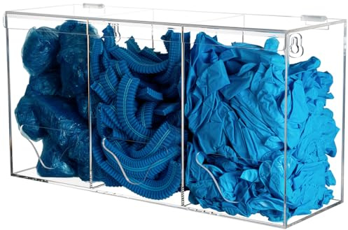 KOEMEHR Handschuhspender aus Acryl 3-Fach, HandschuheHalter Wandhalterung für Einweghandschuhe, Haarnetz und Schuhüberzieher Spender - Transparent Aufbewahrungsboxen mit Deckel, 40,5 x 13 x 21 cm