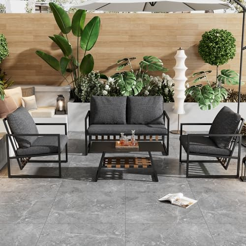 Fppuueg Conjunto de Muebles de Jardín Exterior 4 Piezas con Cojines, Juego de Salón de Jardín con 1 Sofá de 2 Plazas, 2 Sofás Individuales y 1 Mesa, Marco Metálico, para Patio Terraza Balcón, Negro