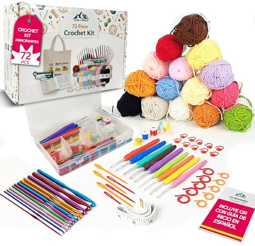 Bainku Kit Crochet Completo para Principiantes | 72 Piezas con Guía en Español | Crochet Kit Amigurumi, Ganchillos Ergonómicos, Ovillos, Caja Organizadora y Accesorios