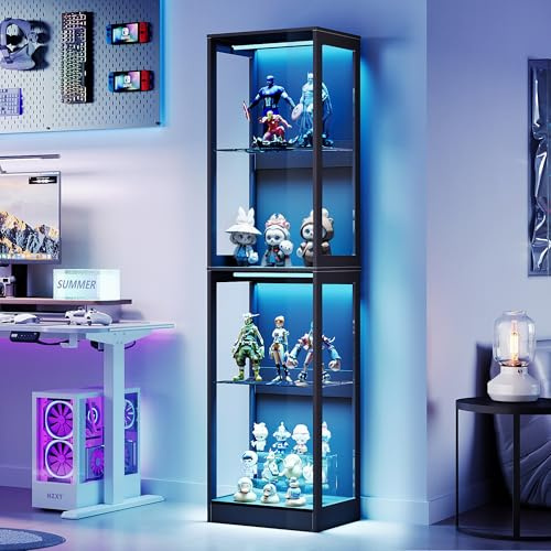 AMERLIFE RGB Display Cabinet with Adjustable Shelves, 4-Tier Storage Case with LED Lights, Modern Display Shelf for Collectibles, Black 70 H×18 L×14 D