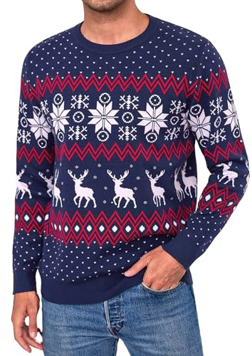 Aottori Suéter Navidad Hombre Jersey Navideño Unisex Reno Copo Nieve Cuello Redondo Manga Larga Invierno Cálido Pullover Punto Festivo Pareja Familia Hombre-Azul Marino L