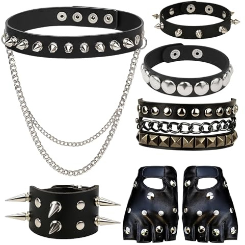 QhgPnt 6 Piece Studded Bracelet Set, Punk Accessories for Men and Women, Gothic Style Hand Jewelry, Adjustable Black Leather Bands for Halloween, Rock Concerts and Motorcycle Riding