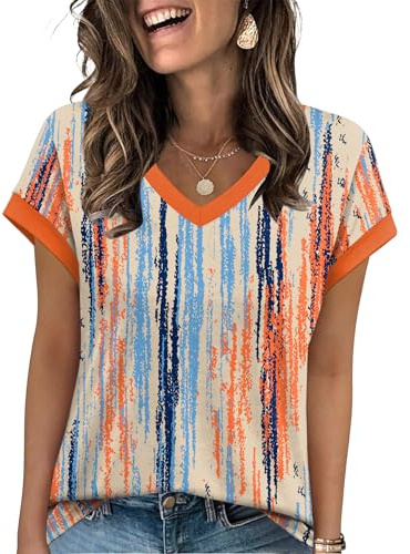 WIHOLL Womens Summer Tops Ladies V Neck T Shirts for Women UK Casual Short Sleeve Fashion Dressy Tunic