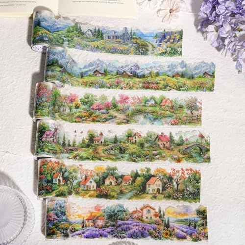 Frekyar Landscape PET Washi tejpset, 6 rullar estetisk PET tejpklistermärken för journaling, skräpjournal, scrapbooking, bärbar dator, telefonfodral (Small Town Manye)