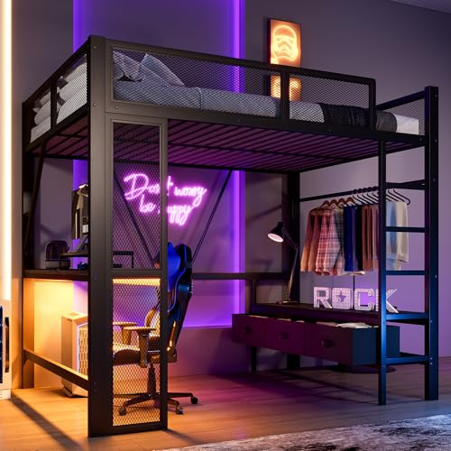 Sapgaks Lit Mezzanine 2 Places 140x200 avec LED et USB, Lit Enfant en Métal avec Bureau et Armoire Ouverte, Lit Mezzanine Enfant avec 3 Tiroirs à Linge, Lit 140x200 avec Rambarde, Noir