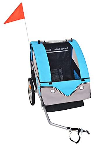 Rimorchio per bicicletta per bambini, grigio e blu, con cintura di sicurezza a 5 punti, capacità di 30 kg, pieghevole, con tettuccio per tutte le stagioni, tessuto a rete, catarifrangenti e attacco