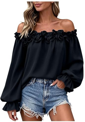 Hauts à Épaules Dénudées pour Femme Blouse Élégante Volantée en Chiffon Top Sexy Épaules Dénudées Manches Longues Pullover Uni Chemise de Fête Vacances Manches Longues Découvertes Chemise Légère d'Été