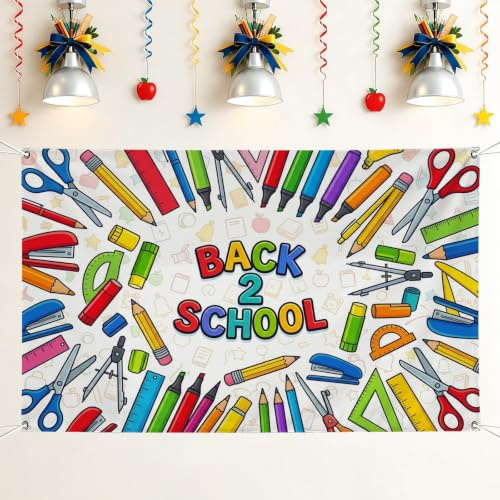 Toile de fond en forme de ciseaux - Crayons colorés éducatifs - Marqueurs de retour au campus - Décorations colorées pour photomaton, fête, événement, 180 x 109 cm
