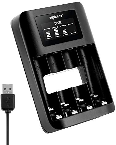 Tenergy TN474U 4-Bay NiMH/NiCD Battery Charger with LCD Display and USB Input, Portable Charger for AA/AAA NiMH and NiCD Batteries