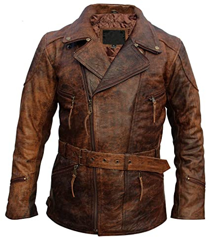 Giacca da motociclista da uomo, stile vintage, con cerniera incrociata e cintura, stile 3/4, marrone, in pelle invecchiata, Marrone, S