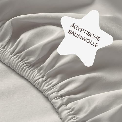 Amqua Spannbettlaken 140x200cm aus Mako Satin ägyptische Baumwolle für hohe Matratzen bis 30cm - Beige/Sand