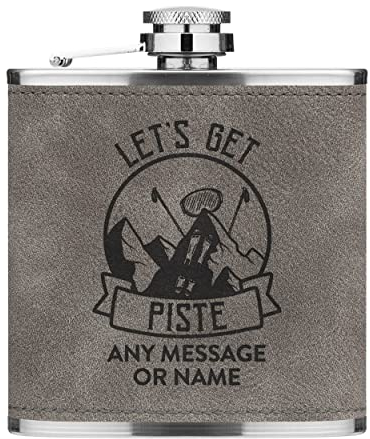 Personalisierbarer Flachmann mit Aufschrift Let's Get Piste, 170 ml, PU-Leder, Grau