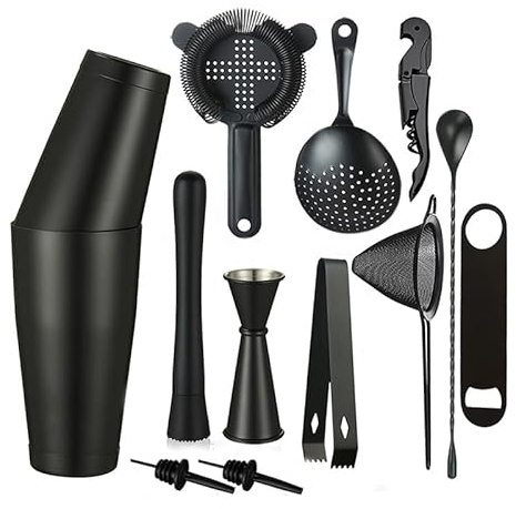 Cocktail Shaker Set – 13-delad bartillbehörssats med viktad Boston Shaker, sil, , stänkare, blandsked och mer – hemmabartend-verktyg, tillbehör för bartender, matt svart