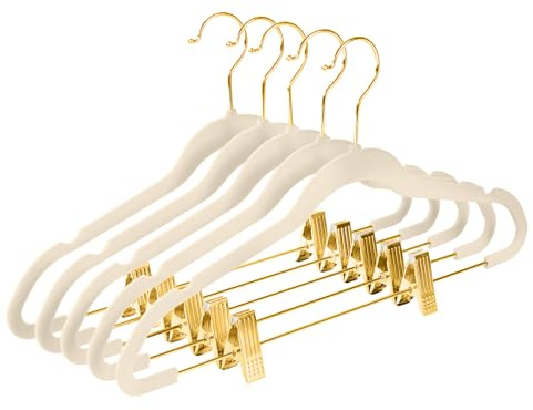 MIZGI Premium Velvet Pants Hangers with Adjustable Clips (Pack of 20) - Slim Skirt Hangers - Non Slip Felt - Ivory/Gold