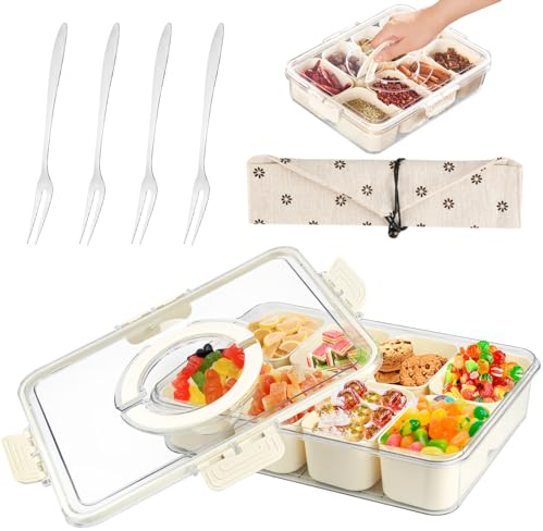 XIEJ Snackschale mit Deckel, 28x21x6,5cm Snackbox mit 8 Einzelnen Fächern, Snack Aufbewahrungsbox aus Kunststoff mit Besteckpackung und 4 Gabeln für Snacks, Süßigkeiten, Gewürze und Nüsse