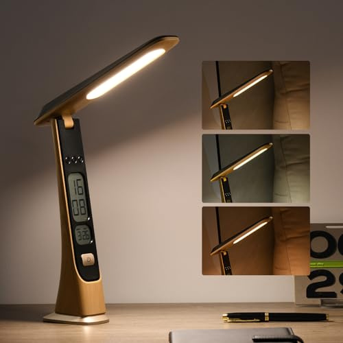 Morwealth Lampada da scrivania a LED senza fili, dimmerabile Lampade da Tavolo con batteria ricaricabile, orologio,display digitale e comandi touch attivati, portatile, per casa, lettura,ufficio