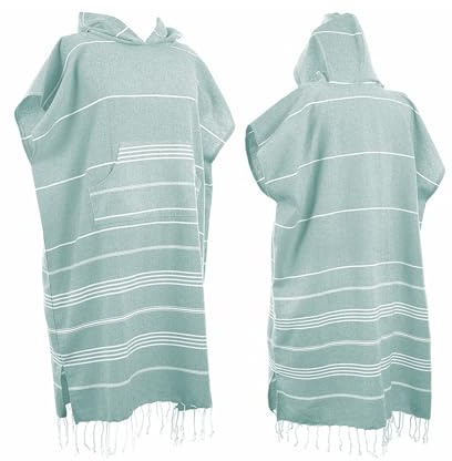 laoyuandamai 1pcs Large Turkish Cotton Poncho Towel Surf Poncho Changing Robe with Hood and Front Pocket Absorbent Wearable Towel Hooded Beach Towel for Adult Man Women Beach Pool (Green, Medium)