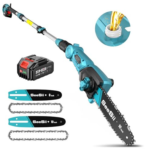 SEESII 8 & 10 Pulgadas Mini Motosierra con Batería 4000 mAh, Telescópica Motosierra Bateria con Extensión y Correa, Altura Trabajo de Hasta 4,57 m, Motosierra Electrica con Engrasador Automático