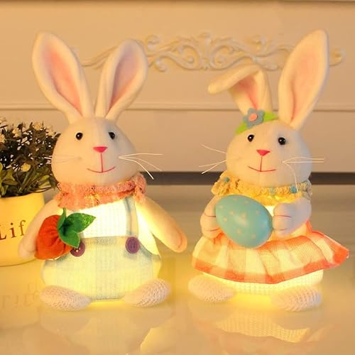 Skeadex 2 figuras decorativas de Pascua, conejo, figuras decorativas con luz LED, decoración de Pascua, decoración de mesa, conejo iluminado, gnomero, figuras de Pascua, pilas para jardín, ventana