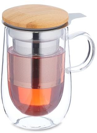 Relaxdays Teeglas, mit Edelstahl-Sieb, Bambusdeckel, Henkel, Volumen 430 ml, doppelwandige Teetasse, transparent/natur