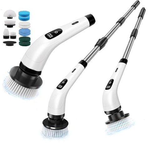 Brosse Rotative Nettoyage Electrique, Brosse à poussière électrique à Long Manche 2 Vitesses Brosse de Douche avec 12 têtes de Brosse à Percer interchangeables pour Baignoire Carrelage Cuisine