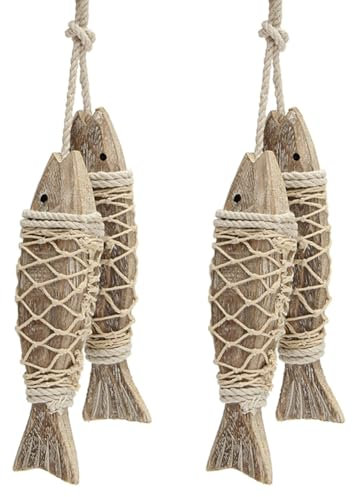 4 stycken träfisk dekoration ornament hängande handsnidad väggkonst för hem inomhus utomhus terrass kontor nautisk vägg strandtema, vintage, 20 x 5 x 2,7 cm