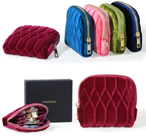 Vidifina Small Travel Jewelry Case, Mini Travel Jewelry Bag with Zipper, 5-Layer Velvet Organizer Pouch for Bracelet Rings Earrings - Diamond Stitched Velvet Rose Purple